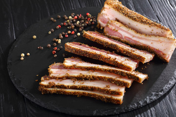 Sticker - sliced spicy smoked speck, top view