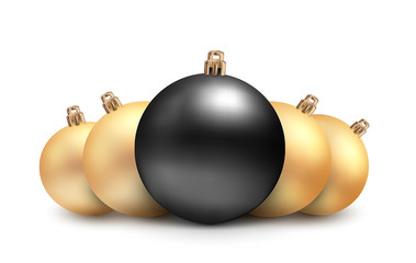 Set of vector Christmas toys in a realistic style. Gold and black balls isolated on white background.