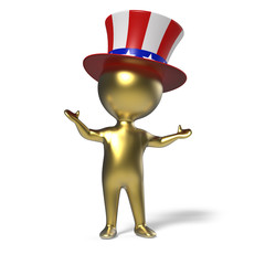 Wall Mural - 3d Little gold man with Uncle Sam Stars and Stripes top hat