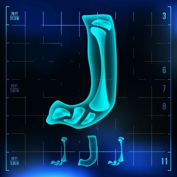 J Letter Vector. Capital Digit. Roentgen X-ray Font Light Sign. Medical Radiology Neon Scan Effect. Alphabet. 3D Blue Light Digit With Bone. Medical, Hospital, Futuristic, Horror Style. Illustration
