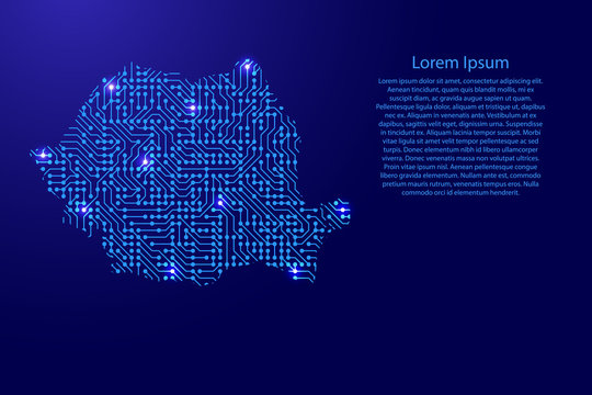 Map Romania from printed board, chip and radio component with blue star space on the contour for banner, poster, greeting card, of vector illustration.