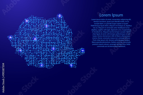 Fotomural Map Romania from printed board, chip and radio component with blue star space on the contour for banner, poster, greeting card, of vector illustration