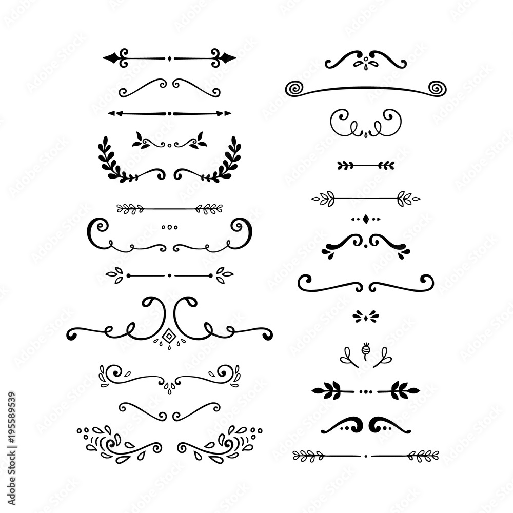 Set of vintage decorative elements. Black and white vector illustration ...