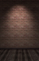  Interior with orange brick wall and wood floor dark room with spot light above - 3d illustration