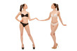 © rs31 - Two young women on a white background stretch their hands towards each other