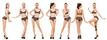 Collage Of Models In Black Lingerie. Young Woman Posing Standing On White Background