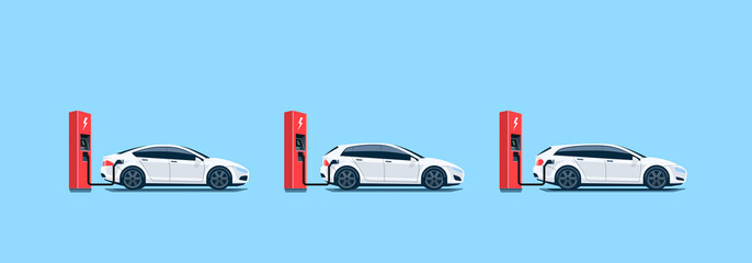 Wall Mural - Flat vector illustration of white electric cars parking on the street and charging at the charger stations isolated on light blue background. Electromobility e-motion concept. 