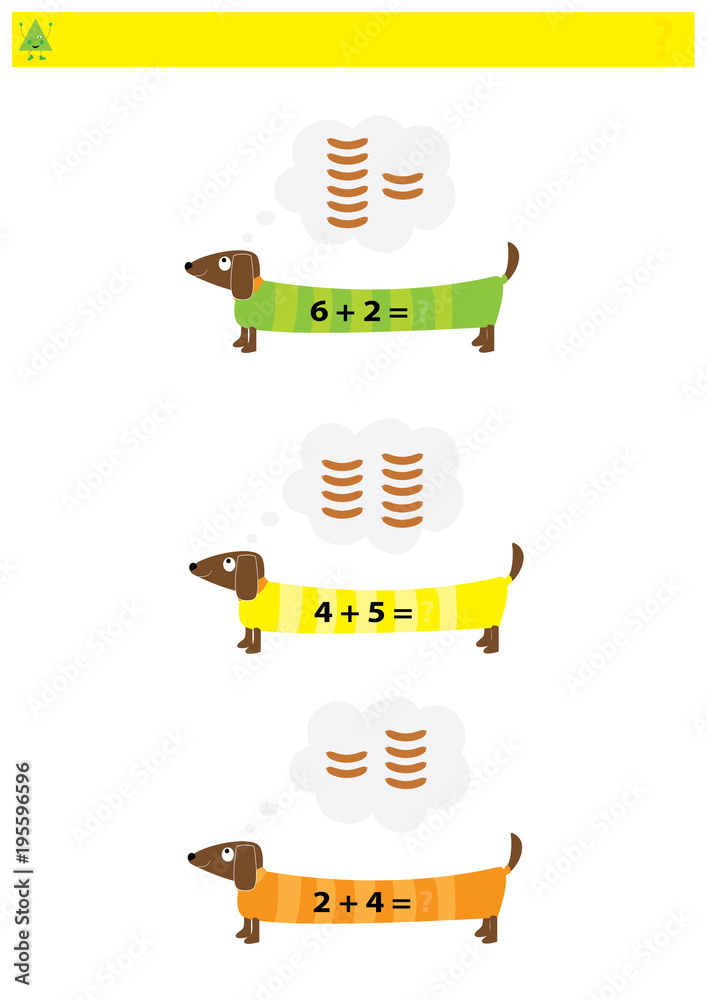 Dog Math Comic Math game with dogs and sausages on white background / eduacational ...