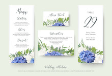Wedding Floral Personal Menu, Place, Information, Table Number Card Design Set With Elegant Blue Hydrangea Flowers, White Garden Roses, Green Eucalyptus, Lilac Branches, Greenery Leaves & Cute Berries