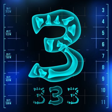 3 Number Vector. Three Roentgen X-ray Font Light Sign. Medical Radiology Neon Scan Effect. Alphabet. 3D Blue Light Digit With Bone. Medical, Hospital, Pirate, Futuristic Style. Illustration