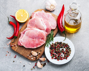 Fresh raw pork chops with spices and herbs