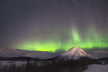 Wall Mural - Night Starry Sky and Green Northern Lights in Snowy Mountains at Winter Night