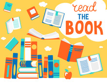 Close And Open Books In Different Positions With Bubble Read The Book. Knowledge, Learning, Education, Relax And Enjoy Concept Design. Vector Illustration In Flat Style.