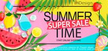 Super Sale Banner With Gourmet Food To Summer Time Such As Ice Cream,watermelon,strawberries.Vector Illustration Template And Banners, Wallpaper,flyer,invitation, Poster,brochure,voucher Discount.