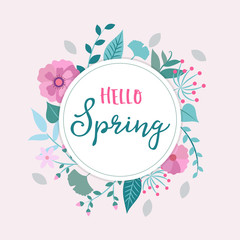  Przywitaj wiosnę - ilustracji wektorowych z kwiatów i liści i napis. Szablon projektu