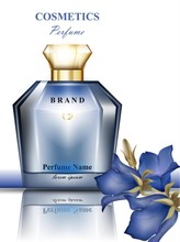 Perfume Bottle With Delicate Blue Flowers Fragrance. Realistic Vector Product Packaging Designs