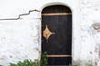 wooden, arched door with gold accents