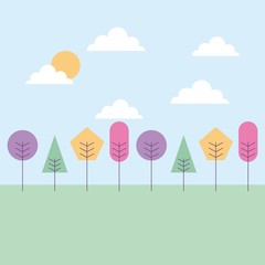 Wall Mural - cartoon landscape trees shape geometric clouds and sun vector illustration