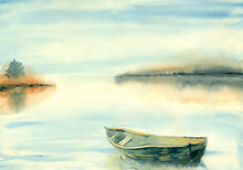 Nature Background. Watercolor Painting Landscape. Dawn On The Lake With Boat.
