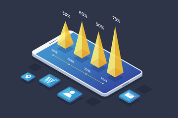 Concept business strategy. Project planning, sales and financial report. Success in business. Smartphone with icons and growth chart. 3d isometric flat design. Colorful infographic vector element.