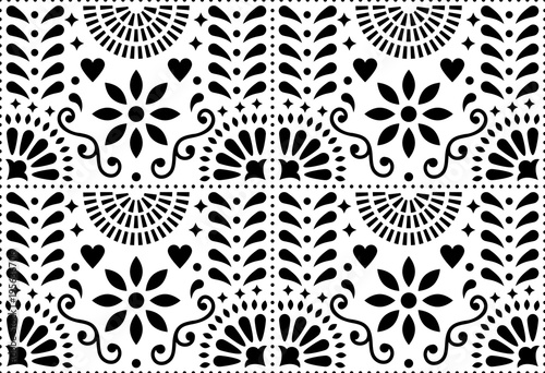Fotografija Folk art vector seamless pattern, Mexican black and white design with flowers in