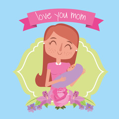 Canvas Print - cute happy mom holding her baby label flowers - mothers day vector illustration