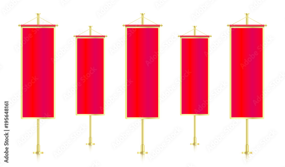 Red vertical banner flags with golden strokes, standing in a row ...