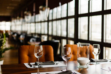 Empty glasses set in restaurant