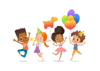 Excited multiracial boys and girls with the balloons and birthday hats happily jumping with their hands up. Birthday party Vector illustration for website banner, poster, flyer, invitation. Isolated.