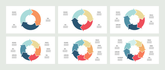 Wall Mural - Business infographics. Circles with 3, 4, 5, 6, 7, 8 steps, arrows. Vector templates.