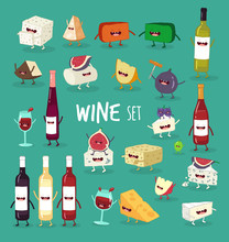 This Is Wine Icon Set. It Is Are Funny Glasses Of Wine, Bottles And Cheeses. You Can Use For Cards, Fridge Magnets, Stickers, Posters.