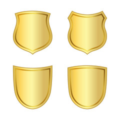 Wall Mural - gold shield shape icons set. 3d golden emblem signs isolated on white background. symbol of security
