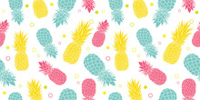 Vector Colorful Pineapples Summer Tropical Seamless Pattern Background. Great As A Textile Print, Party Invitation Or Packaging.