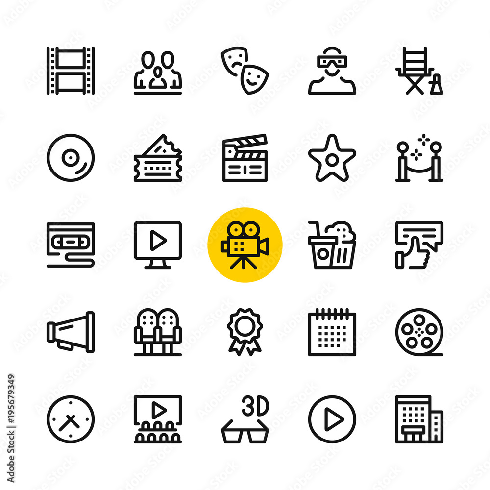 Cinema, film industry, video production line icons set. Modern graphic ...
