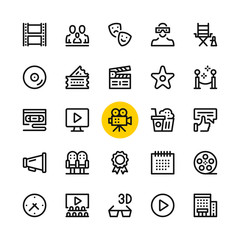 Poster - Cinema, film industry, video production line icons set. Modern graphic design concepts, simple outline elements collection. 32x32 px. Pixel perfect. Vector line icons
