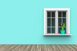 House exterior with blue wall and cactus in pot on white windows and wooden floor. Close up. 3d Illustration