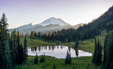 sun setting over mt rainier at tipsoo lake in mt rainier national park in washington