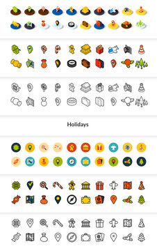 Set of icons in different style - isometric flat and otline, colored and black versions