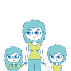 Canvas Print - mother and her kids together holding hands portrait vector illustration green image