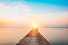 Vacation And Holiday Concept - Wooden Pier Between Sunset In Samut Prakan, Thailand,Summer, Travel