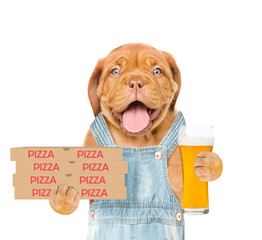 Poster - Happy  pizza delivery puppy with pizza boxes and beer. isolated on white background
