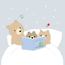 One Night, Mom Bear And Baby Two Bears  Reading Fables Before Bedtime On A White Mattress Happily Vector.