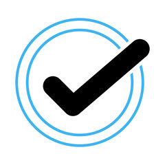 Valid seal icon. Black crazy tick in blue circle. Flat OK sticker icon. Isolated on white. Accept button. Good for web and software interfaces. Vector illustration.