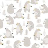 Seamless vector pattern with colorful bears in scandinavian minimalist modern style.
