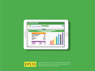 Poster - tablet with spreadsheet on screen. office things for planning and accounting, analysis, audit, project management, marketing, research vector illustration.
