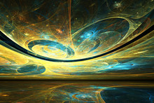 Surreal Blue And Yellow Fractal Landscape Composed Of Luminescent Globes And Spiralling Shapes 