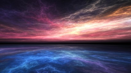 fractal horizon, hazy electric sunset over a vivid blue sea