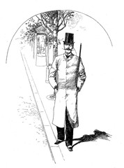 Fashionable gentleman with monocle and moustache takes a walk in town, vintage caricature