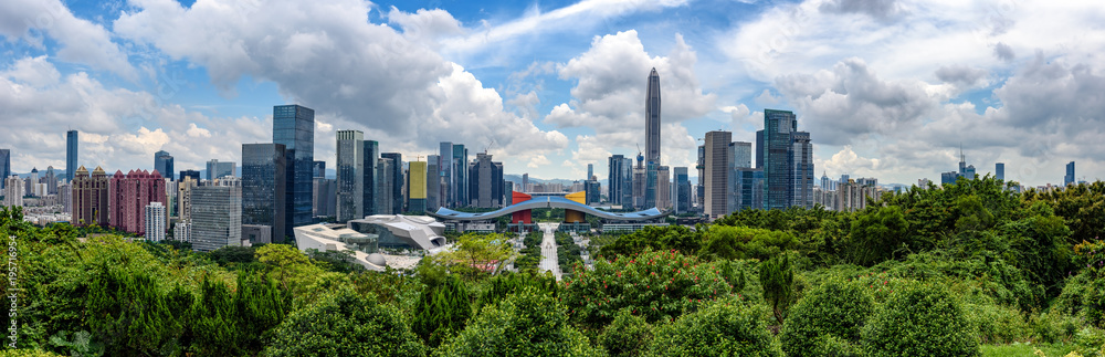 High resolution wide panorama of  skyline of Shenzhen, china - obrazy, fototapety, plakaty 