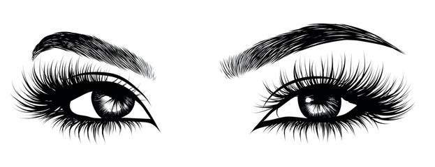 Illustration of woman's sexy luxurious eye with perfectly shaped eyebrows and full lashes. Hand-drawn Idea for business visit card, typography vector. Perfect salon look.